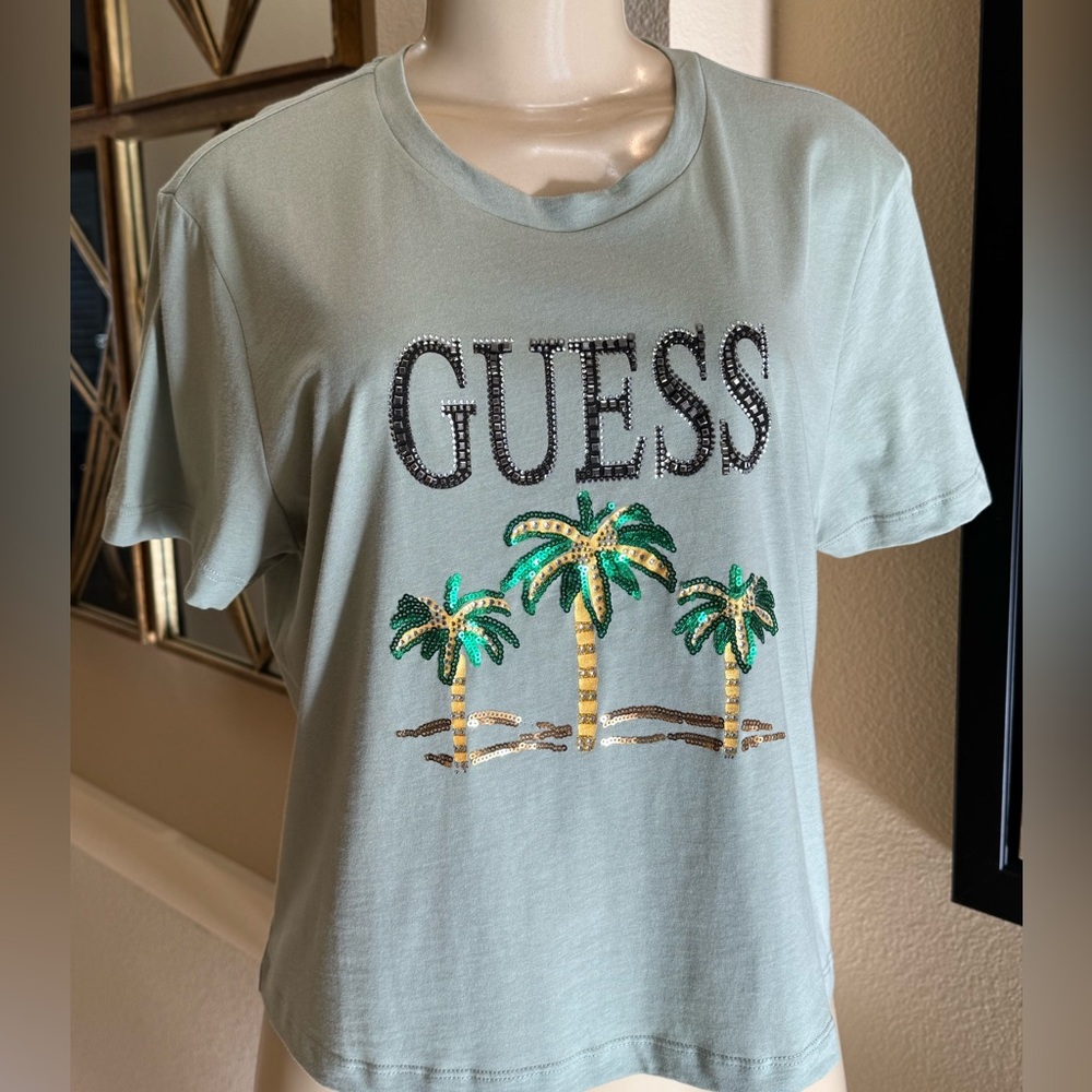 GUESS Tropical Palm Tee in Green and Gold